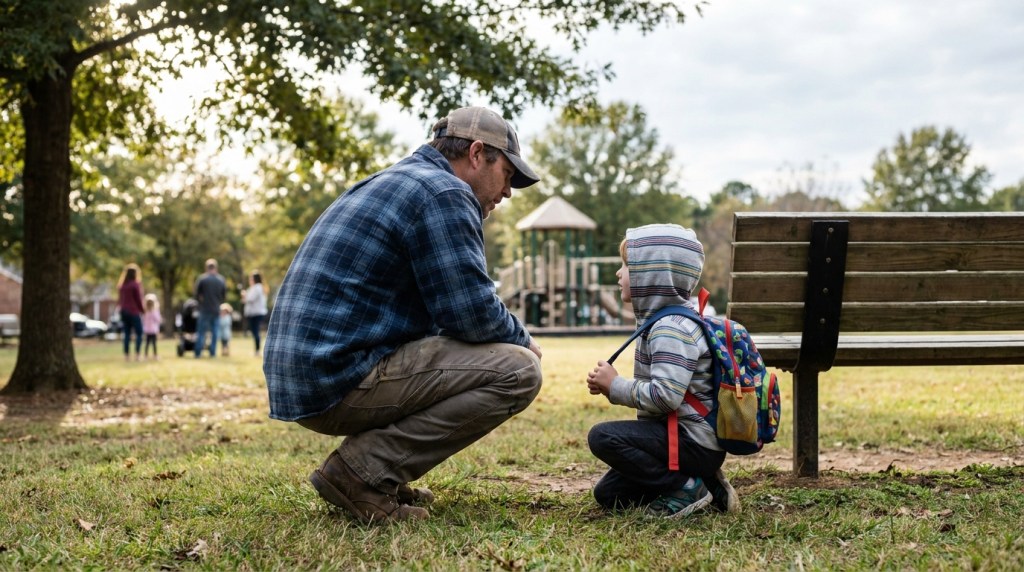 adult man crouching to speak with young child wearing backpack at park