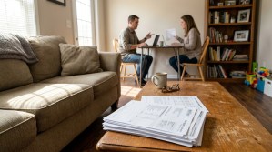couple reviewing mortgage statements and documents at home with laptop