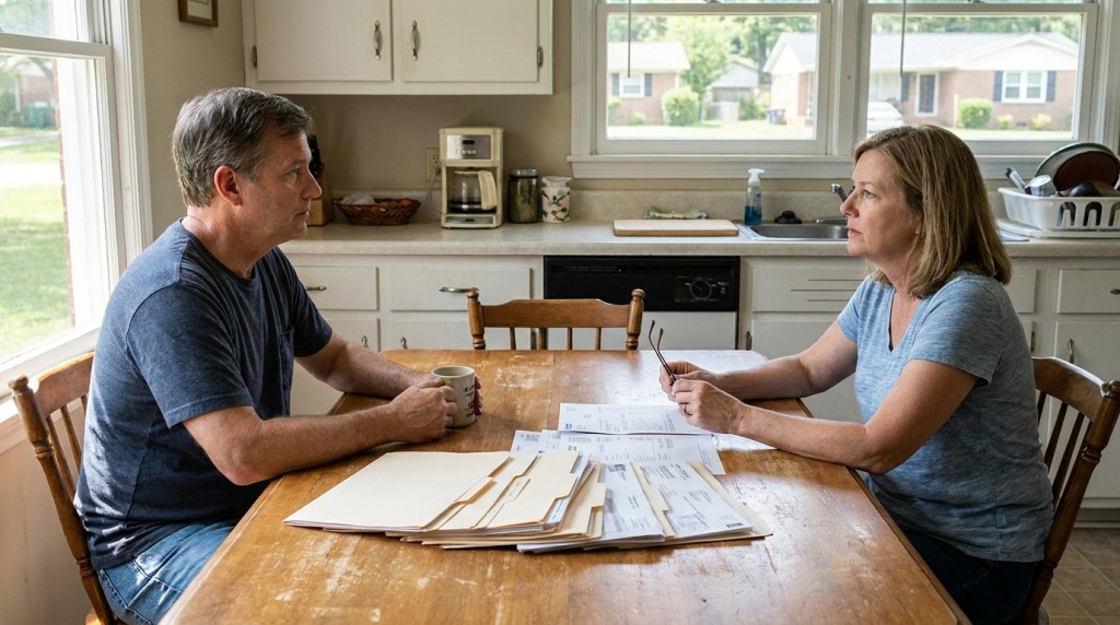 two adults at kitchen table reviewing stacked legal documents and file folders