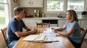 two adults at kitchen table reviewing stacked legal documents and file folders