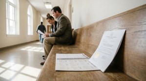 South Carolina Family Court document and spiral binder on courthouse bench with two people consulting