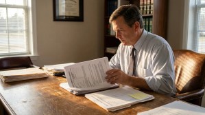 attorney reviewing bankruptcy petition documents at wooden desk in law office