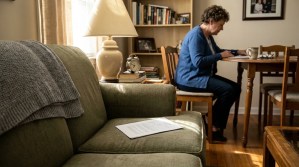 woman seated at dining table reviewing documents in home setting