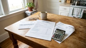 South Carolina Financial Declaration form and bank statement with calculator on wooden table