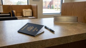 United States passport and pen resting on government office counter
